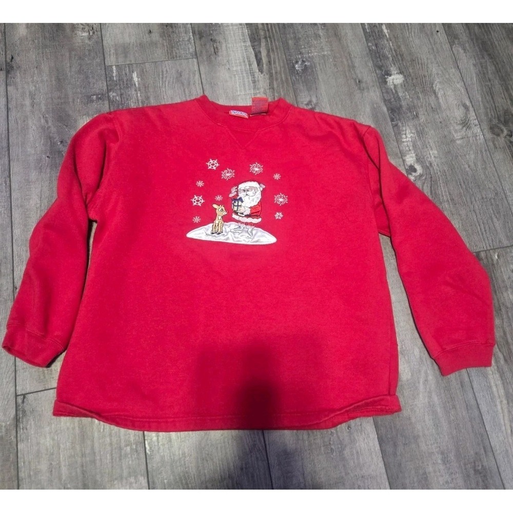 Vintage‎ Rudolph And Santa Red Embroidered Christmas Sweatshirt Sz M